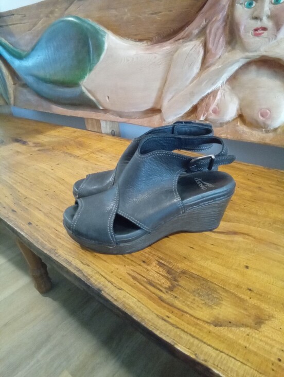 Dansko Shoes - Dansko Vanda Size 37 (7-7.5) Black Leather Peep-Toe Wedge Slingbacks 3" Heel